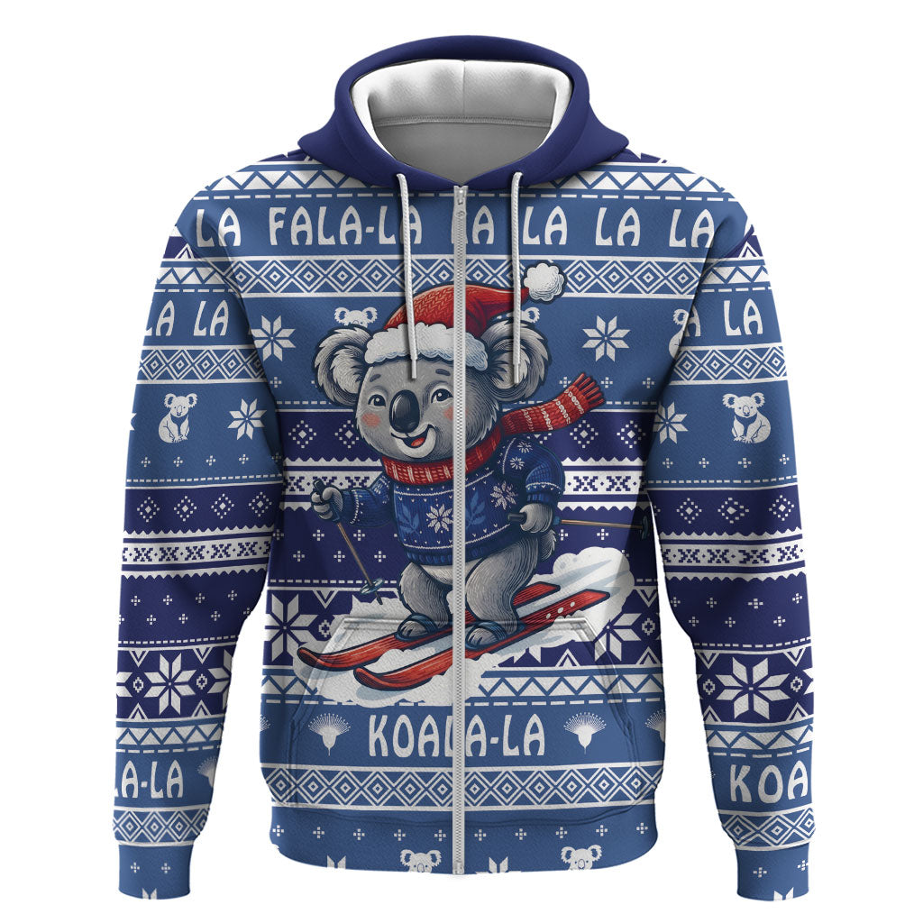 Australia Christmas In July Zip Hoodie Koala Santa Skiing Blue Color