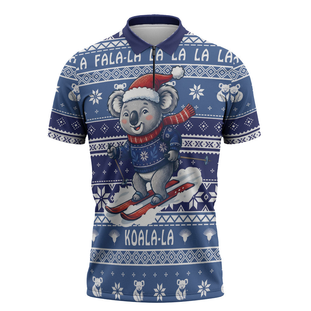 Australia Christmas In July Zipper Polo Shirt Koala Santa Skiing Blue Color