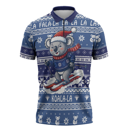 Australia Christmas In July Zipper Polo Shirt Koala Santa Skiing Blue Color