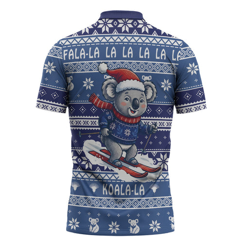 Australia Christmas In July Zipper Polo Shirt Koala Santa Skiing Blue Color
