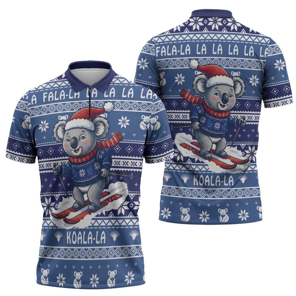 Australia Christmas In July Zipper Polo Shirt Koala Santa Skiing Blue Color