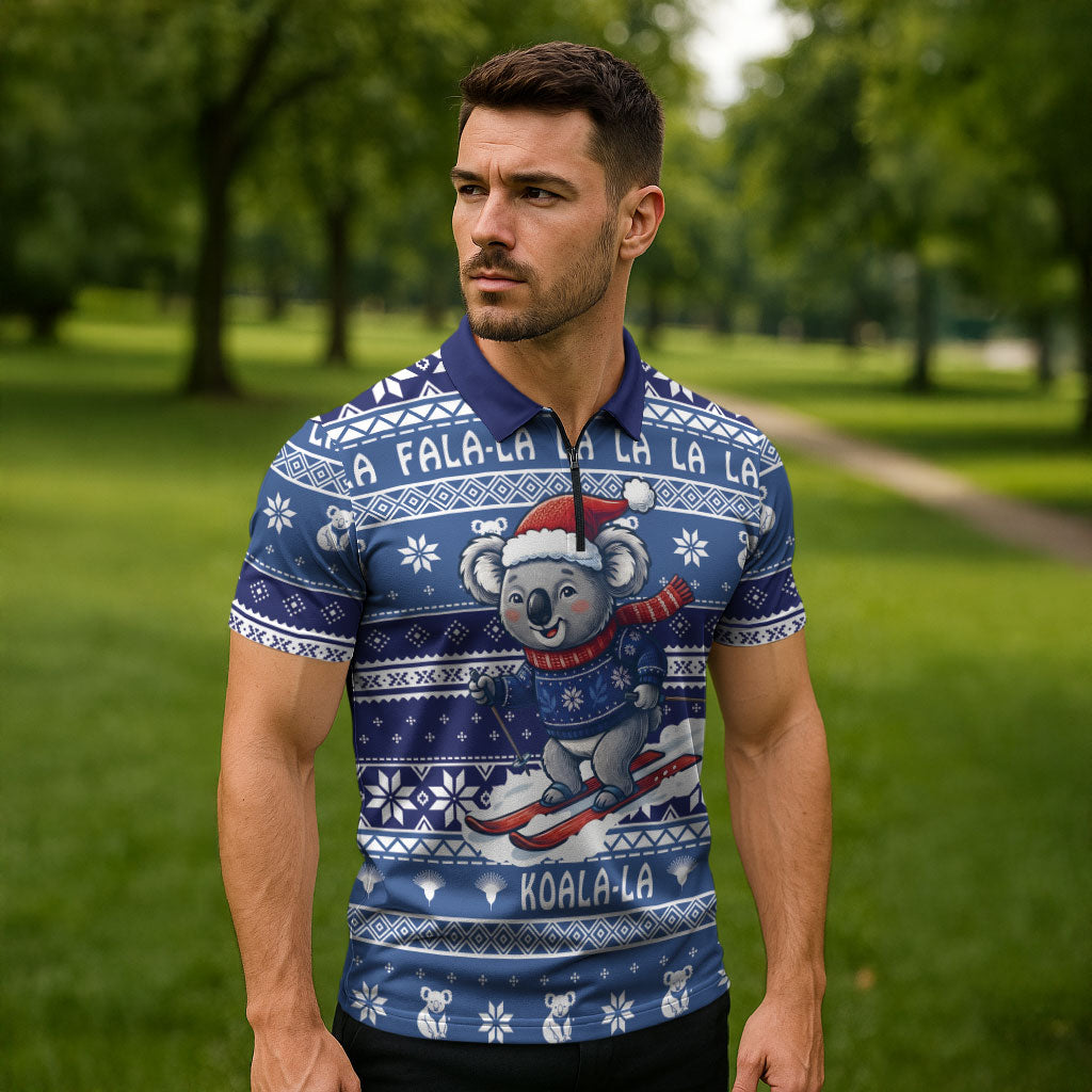 Australia Christmas In July Zipper Polo Shirt Koala Santa Skiing Blue Color