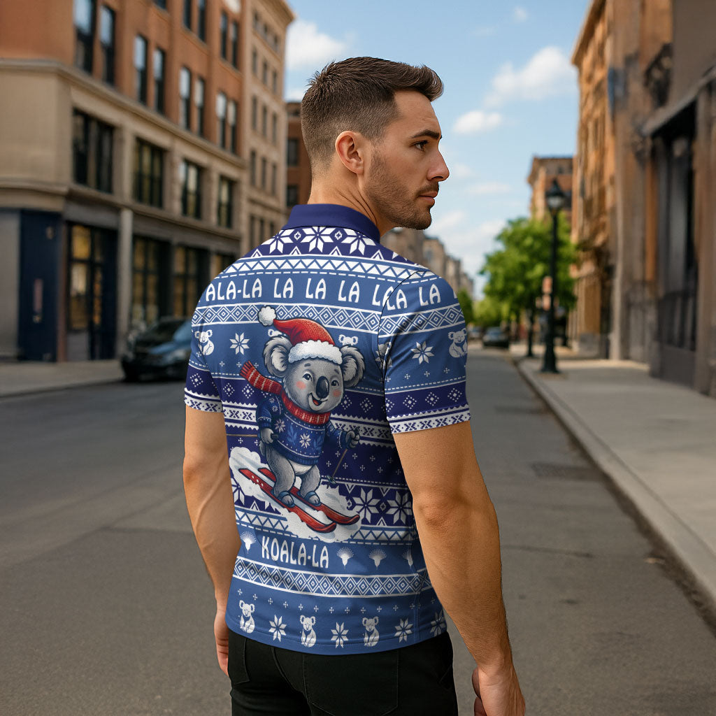 Australia Christmas In July Zipper Polo Shirt Koala Santa Skiing Blue Color