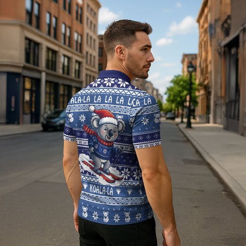 Australia Christmas In July Zipper Polo Shirt Koala Santa Skiing Blue Color