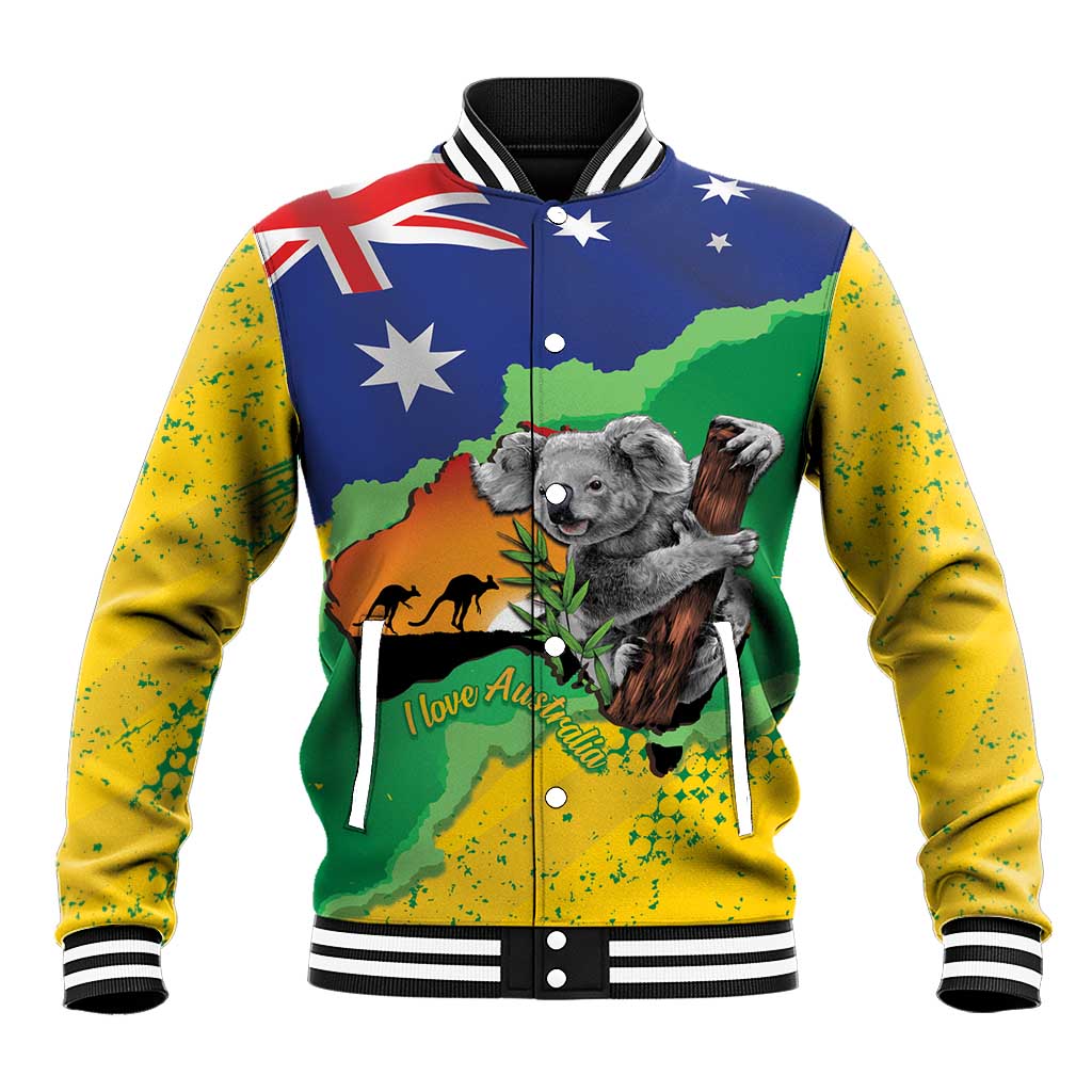 Koala Australia Personalised Baseball Jacket Aussie Map National Color Grunge Pattern
