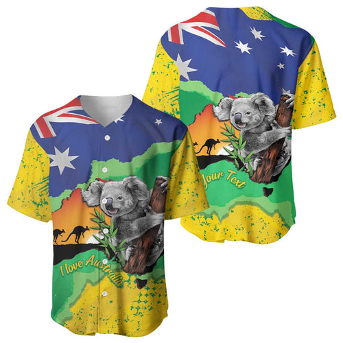 Koala Australia Personalised Baseball Jersey Aussie Map National Color Grunge Pattern