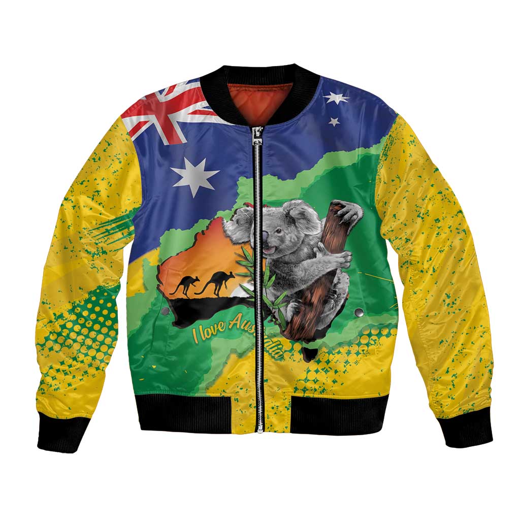 Koala Australia Personalised Bomber Jacket Aussie Map National Color Grunge Pattern