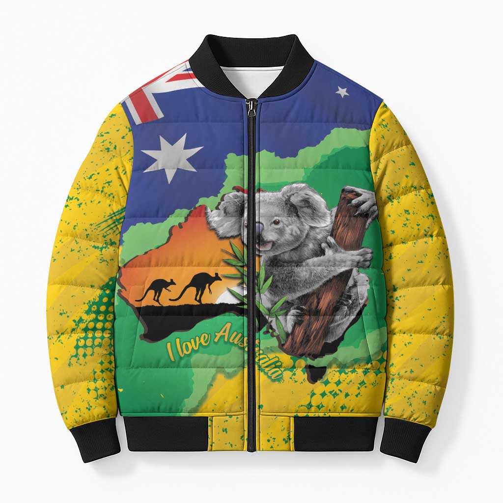 Koala Australia Personalised Bomber Puffer Jacket Aussie Map National Color Grunge Pattern