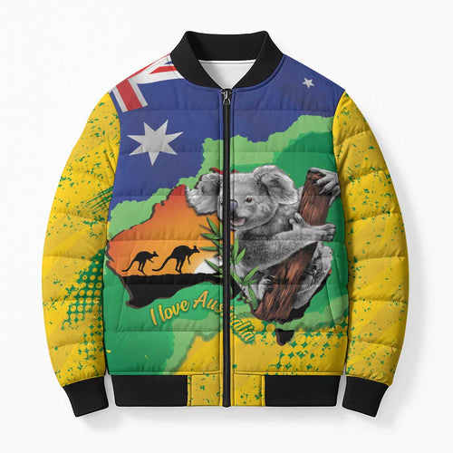 Koala Australia Personalised Bomber Puffer Jacket Aussie Map National Color Grunge Pattern