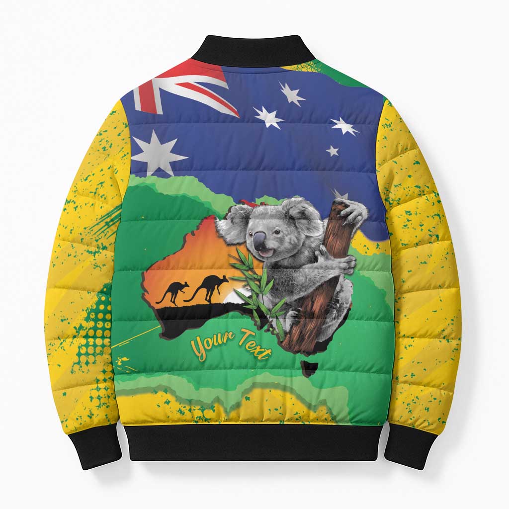 Koala Australia Personalised Bomber Puffer Jacket Aussie Map National Color Grunge Pattern