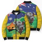 Koala Australia Personalised Bomber Puffer Jacket Aussie Map National Color Grunge Pattern