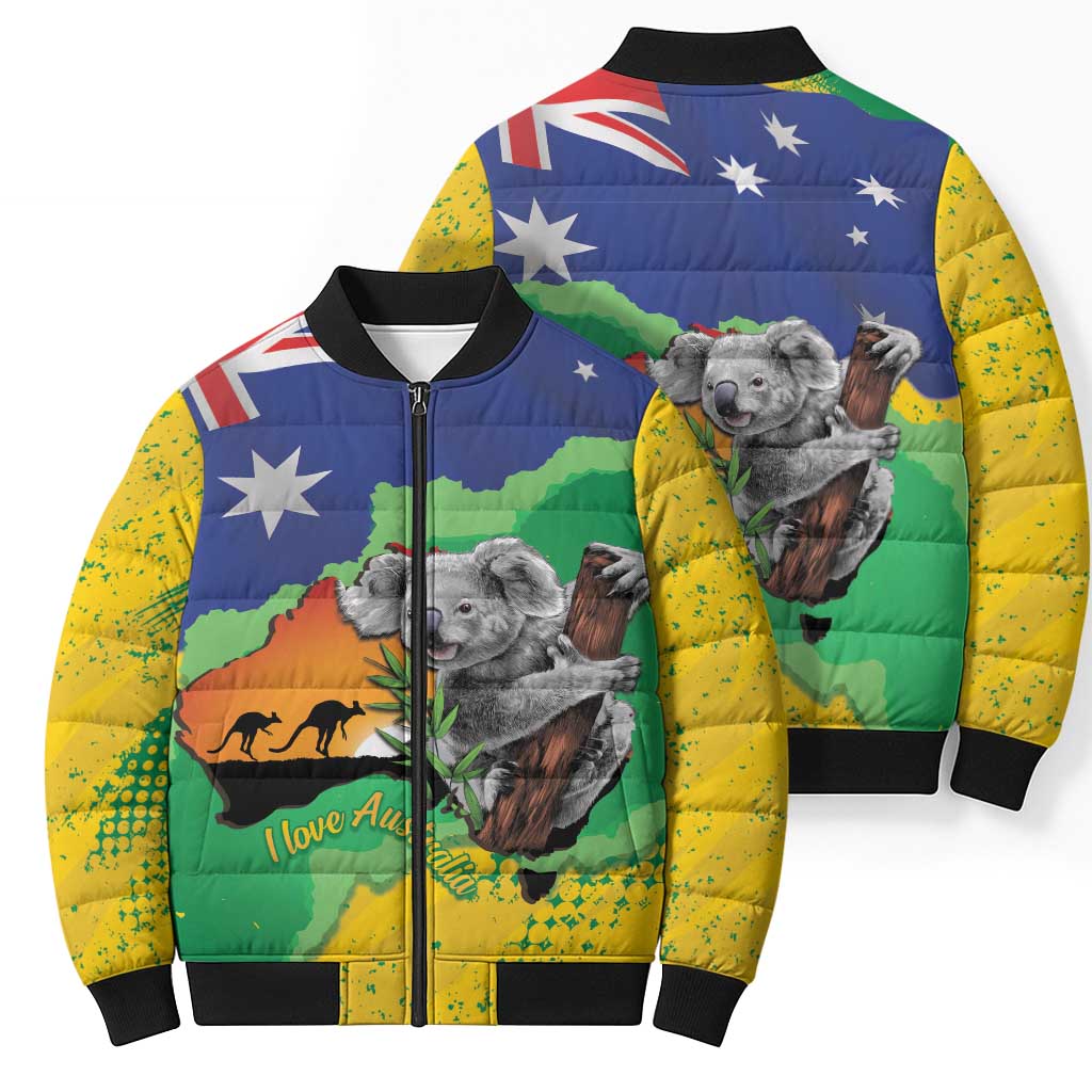 Koala Australia Personalised Bomber Puffer Jacket Aussie Map National Color Grunge Pattern