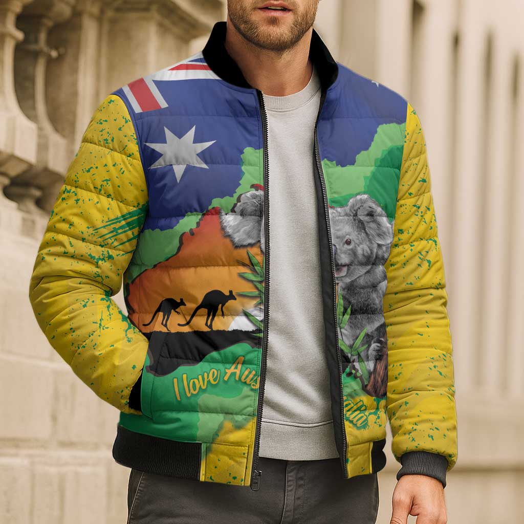 Koala Australia Personalised Bomber Puffer Jacket Aussie Map National Color Grunge Pattern