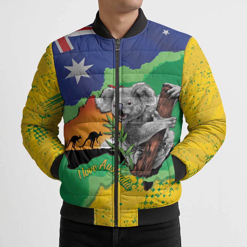 Koala Australia Personalised Bomber Puffer Jacket Aussie Map National Color Grunge Pattern