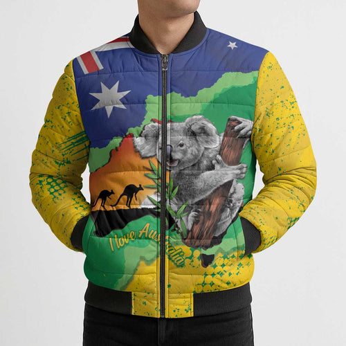 Koala Australia Personalised Bomber Puffer Jacket Aussie Map National Color Grunge Pattern