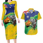 Koala Australia Personalised Couples Matching Long Sleeve Bodycon Dress and Hawaiian Shirt Aussie Map National Color Grunge Pattern