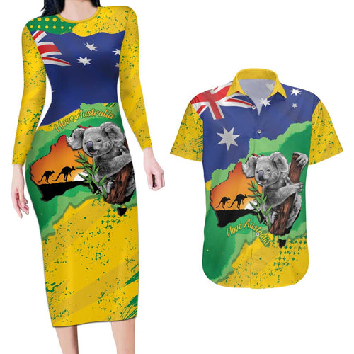 Koala Australia Personalised Couples Matching Long Sleeve Bodycon Dress and Hawaiian Shirt Aussie Map National Color Grunge Pattern