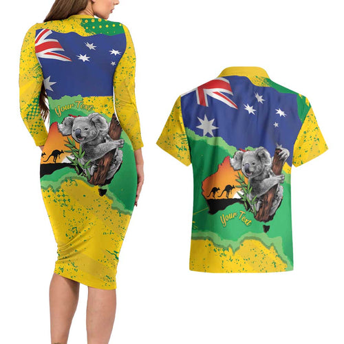 Koala Australia Personalised Couples Matching Long Sleeve Bodycon Dress and Hawaiian Shirt Aussie Map National Color Grunge Pattern
