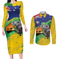 Koala Australia Personalised Couples Matching Long Sleeve Bodycon Dress and Long Sleeve Button Shirt Aussie Map National Color Grunge Pattern