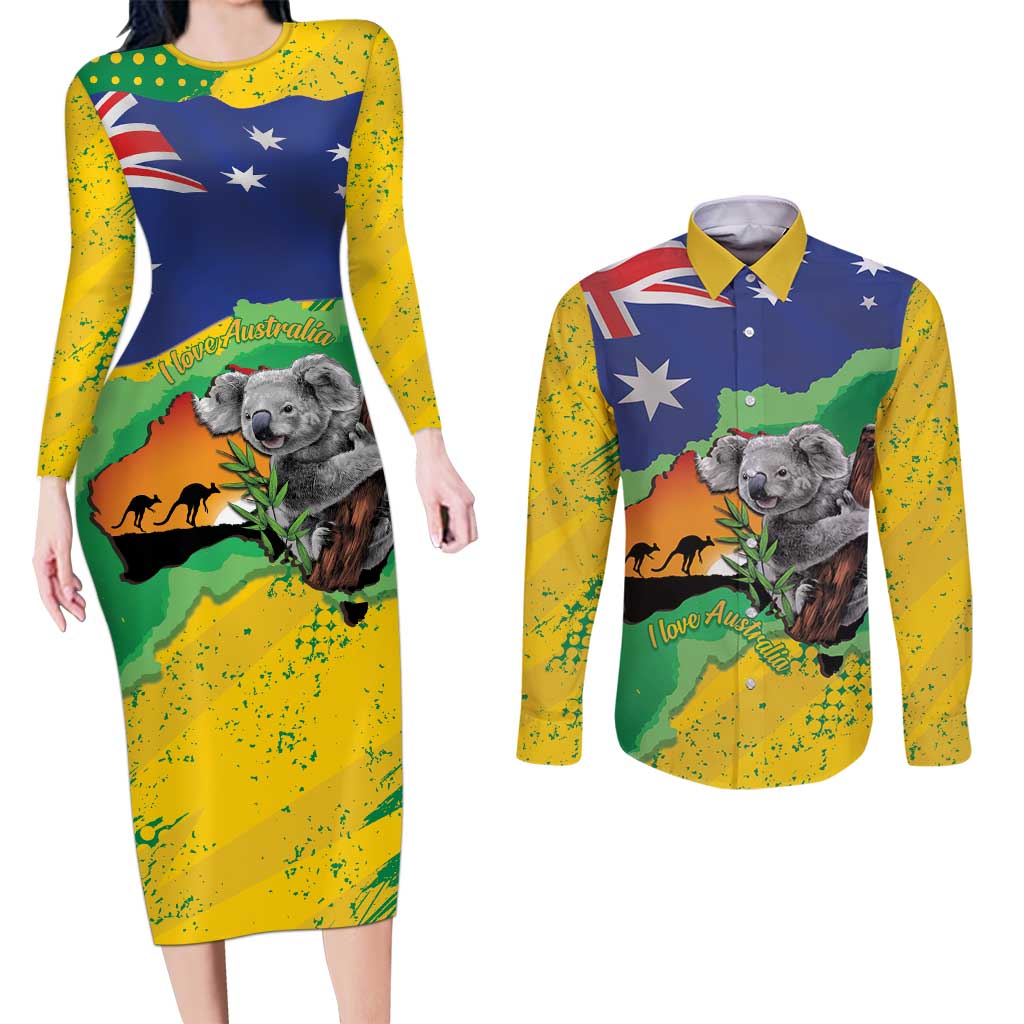Koala Australia Personalised Couples Matching Long Sleeve Bodycon Dress and Long Sleeve Button Shirt Aussie Map National Color Grunge Pattern