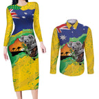Koala Australia Personalised Couples Matching Long Sleeve Bodycon Dress and Long Sleeve Button Shirt Aussie Map National Color Grunge Pattern