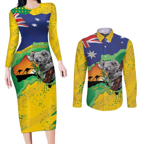 Koala Australia Personalised Couples Matching Long Sleeve Bodycon Dress and Long Sleeve Button Shirt Aussie Map National Color Grunge Pattern