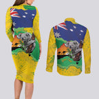 Koala Australia Personalised Couples Matching Long Sleeve Bodycon Dress and Long Sleeve Button Shirt Aussie Map National Color Grunge Pattern