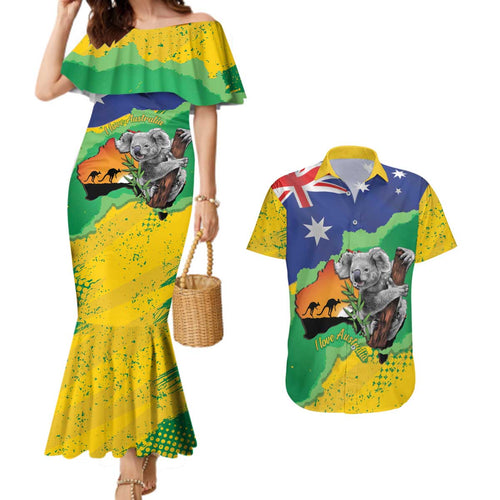 Koala Australia Personalised Couples Matching Mermaid Dress and Hawaiian Shirt Aussie Map National Color Grunge Pattern