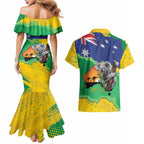 Koala Australia Personalised Couples Matching Mermaid Dress and Hawaiian Shirt Aussie Map National Color Grunge Pattern