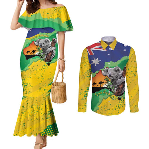 Koala Australia Personalised Couples Matching Mermaid Dress and Long Sleeve Button Shirt Aussie Map National Color Grunge Pattern