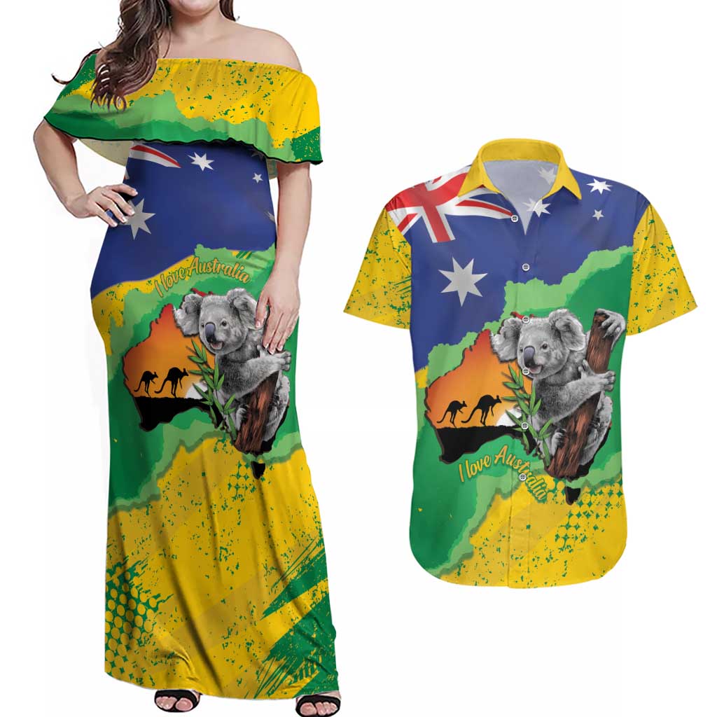 Koala Australia Personalised Couples Matching Off Shoulder Maxi Dress and Hawaiian Shirt Aussie Map National Color Grunge Pattern