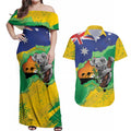 Koala Australia Personalised Couples Matching Off Shoulder Maxi Dress and Hawaiian Shirt Aussie Map National Color Grunge Pattern
