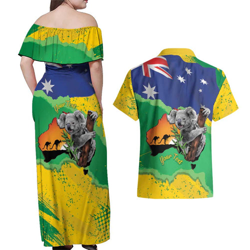 Koala Australia Personalised Couples Matching Off Shoulder Maxi Dress and Hawaiian Shirt Aussie Map National Color Grunge Pattern