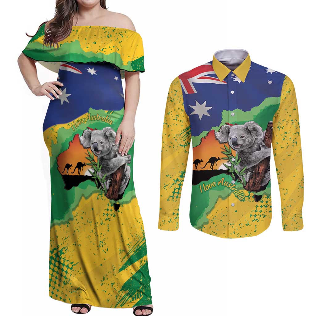 Koala Australia Personalised Couples Matching Off Shoulder Maxi Dress and Long Sleeve Button Shirt Aussie Map National Color Grunge Pattern