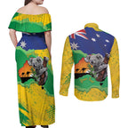 Koala Australia Personalised Couples Matching Off Shoulder Maxi Dress and Long Sleeve Button Shirt Aussie Map National Color Grunge Pattern