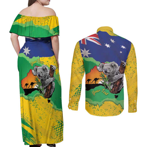 Koala Australia Personalised Couples Matching Off Shoulder Maxi Dress and Long Sleeve Button Shirt Aussie Map National Color Grunge Pattern