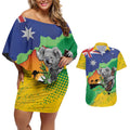 Koala Australia Personalised Couples Matching Off Shoulder Short Dress and Hawaiian Shirt Aussie Map National Color Grunge Pattern