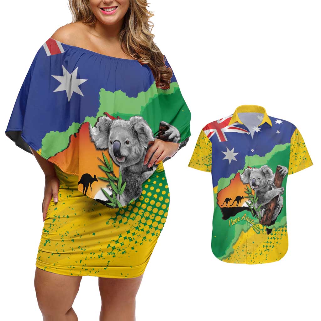Koala Australia Personalised Couples Matching Off Shoulder Short Dress and Hawaiian Shirt Aussie Map National Color Grunge Pattern