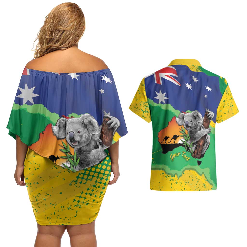 Koala Australia Personalised Couples Matching Off Shoulder Short Dress and Hawaiian Shirt Aussie Map National Color Grunge Pattern