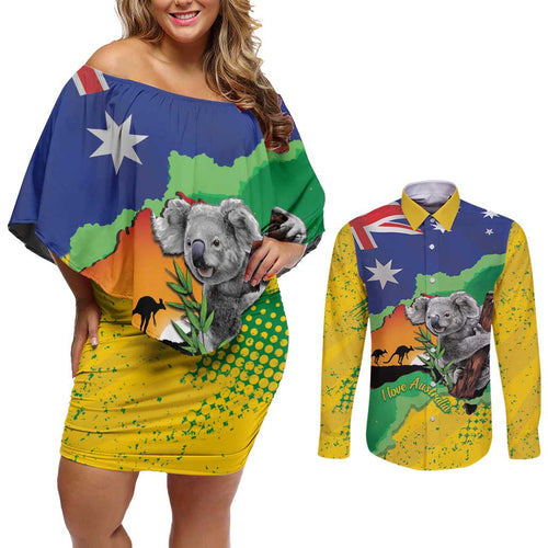 Koala Australia Personalised Couples Matching Off Shoulder Short Dress and Long Sleeve Button Shirt Aussie Map National Color Grunge Pattern