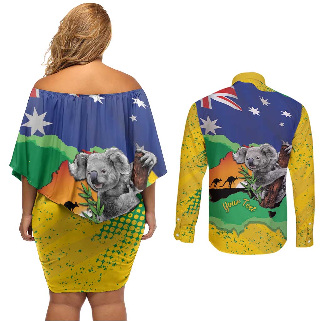 Koala Australia Personalised Couples Matching Off Shoulder Short Dress and Long Sleeve Button Shirt Aussie Map National Color Grunge Pattern