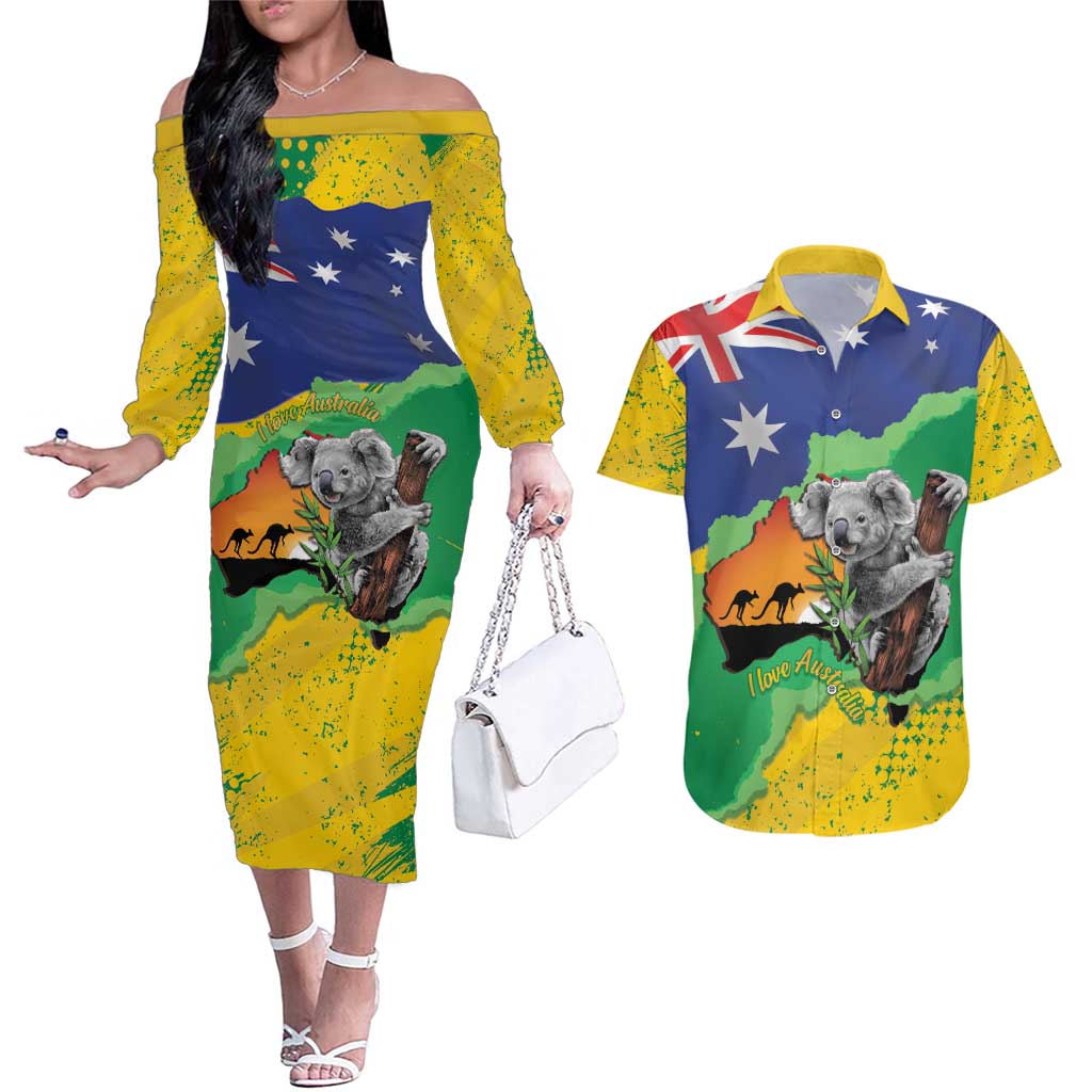 Koala Australia Personalised Couples Matching Off The Shoulder Long Sleeve Dress and Hawaiian Shirt Aussie Map National Color Grunge Pattern