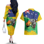Koala Australia Personalised Couples Matching Off The Shoulder Long Sleeve Dress and Hawaiian Shirt Aussie Map National Color Grunge Pattern