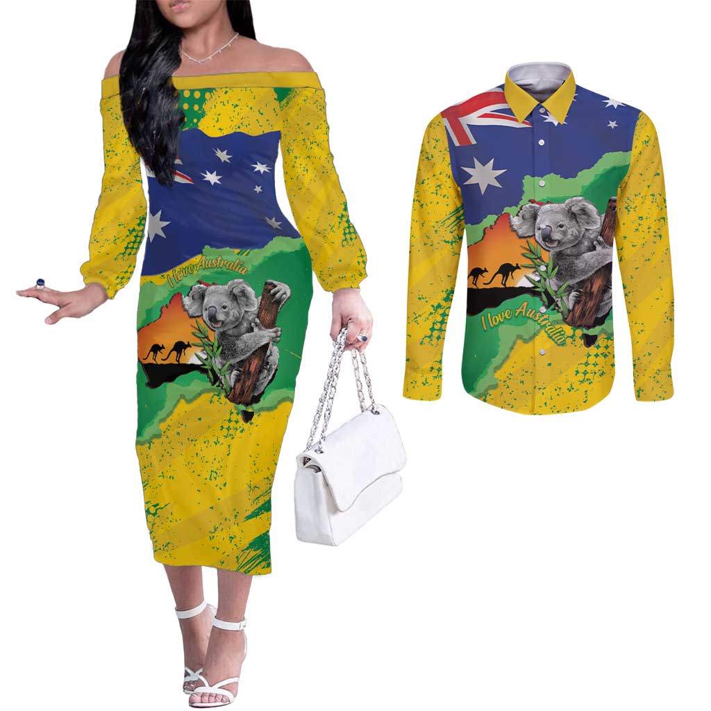 Koala Australia Personalised Couples Matching Off The Shoulder Long Sleeve Dress and Long Sleeve Button Shirt Aussie Map National Color Grunge Pattern