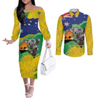 Koala Australia Personalised Couples Matching Off The Shoulder Long Sleeve Dress and Long Sleeve Button Shirt Aussie Map National Color Grunge Pattern