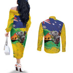 Koala Australia Personalised Couples Matching Off The Shoulder Long Sleeve Dress and Long Sleeve Button Shirt Aussie Map National Color Grunge Pattern