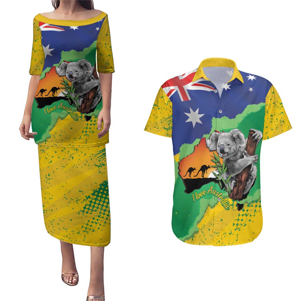 Koala Australia Personalised Couples Matching Puletasi and Hawaiian Shirt Aussie Map National Color Grunge Pattern