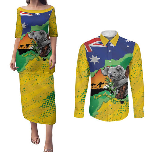 Koala Australia Personalised Couples Matching Puletasi and Long Sleeve Button Shirt Aussie Map National Color Grunge Pattern