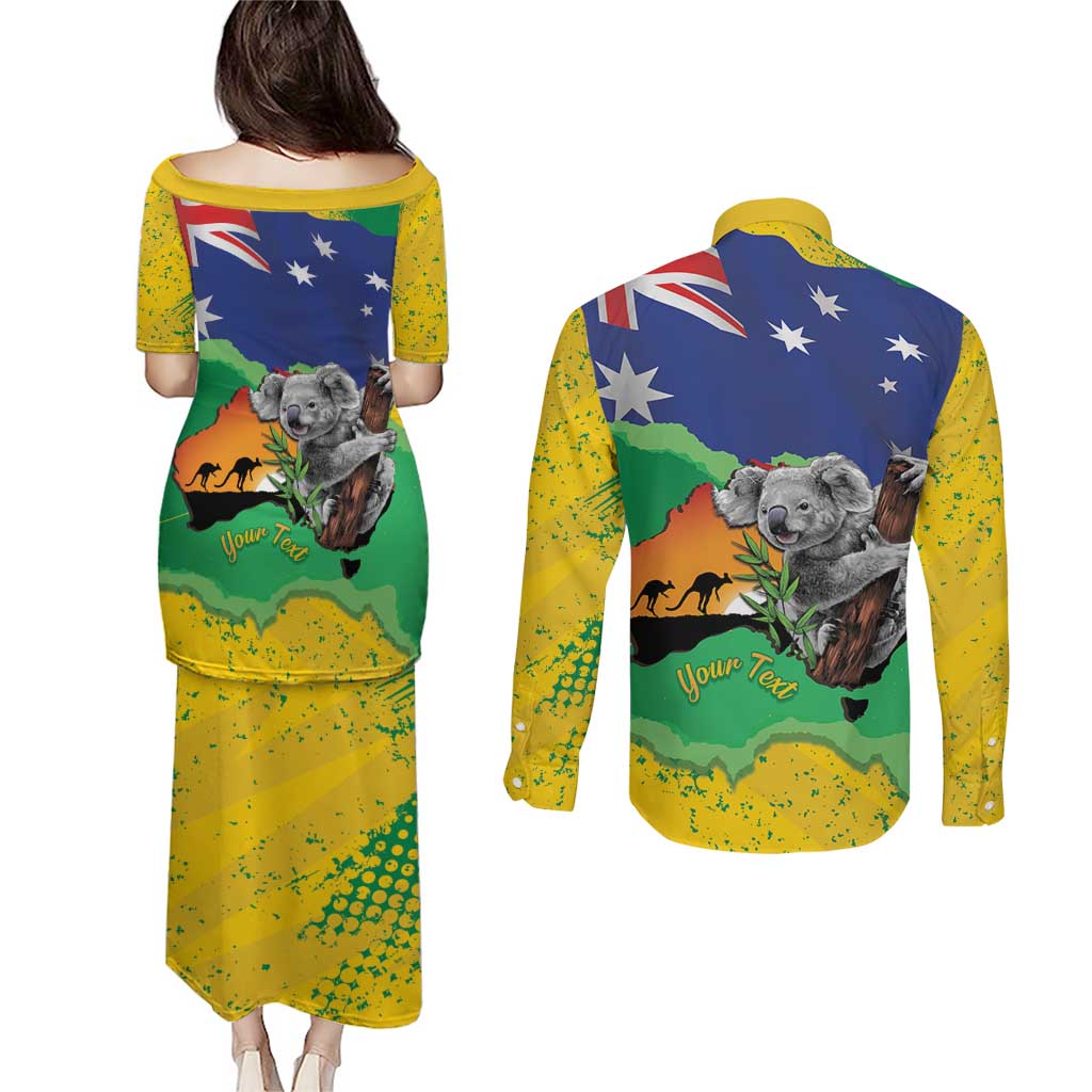 Koala Australia Personalised Couples Matching Puletasi and Long Sleeve Button Shirt Aussie Map National Color Grunge Pattern