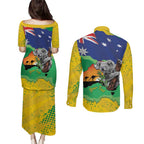 Koala Australia Personalised Couples Matching Puletasi and Long Sleeve Button Shirt Aussie Map National Color Grunge Pattern
